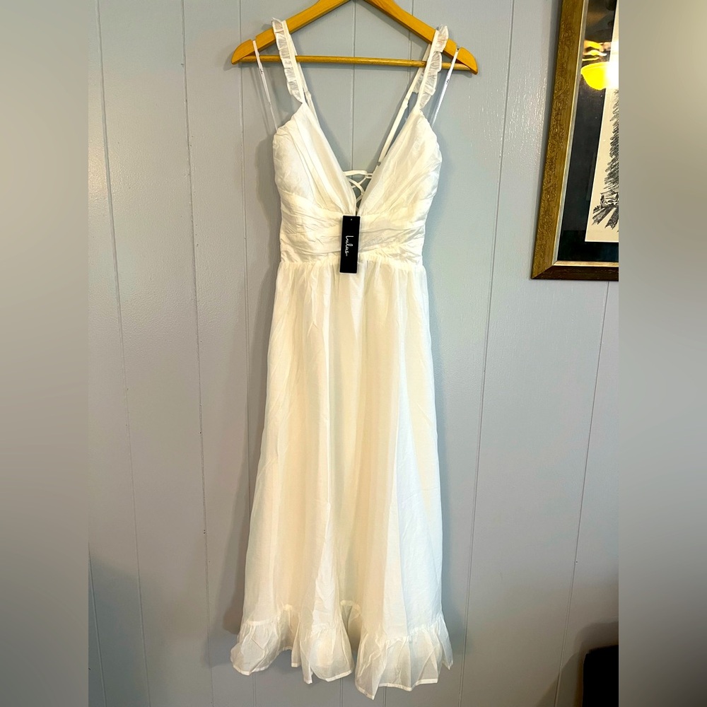 NWT Lulus Plunge Midi Dress, spaghetti strap w/ruffle, lace-up back, Tencel, Wht